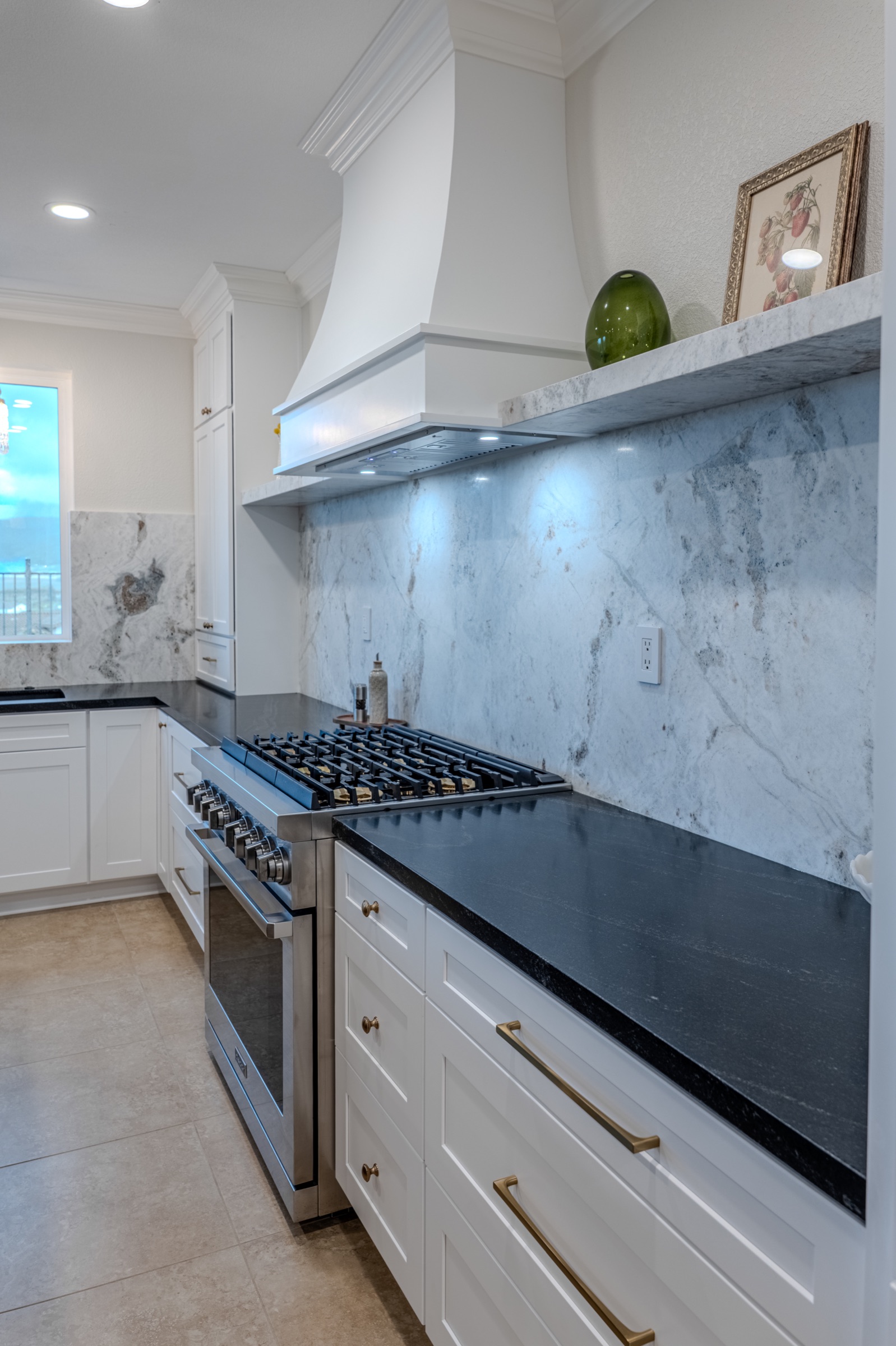 Full-height stone backsplash