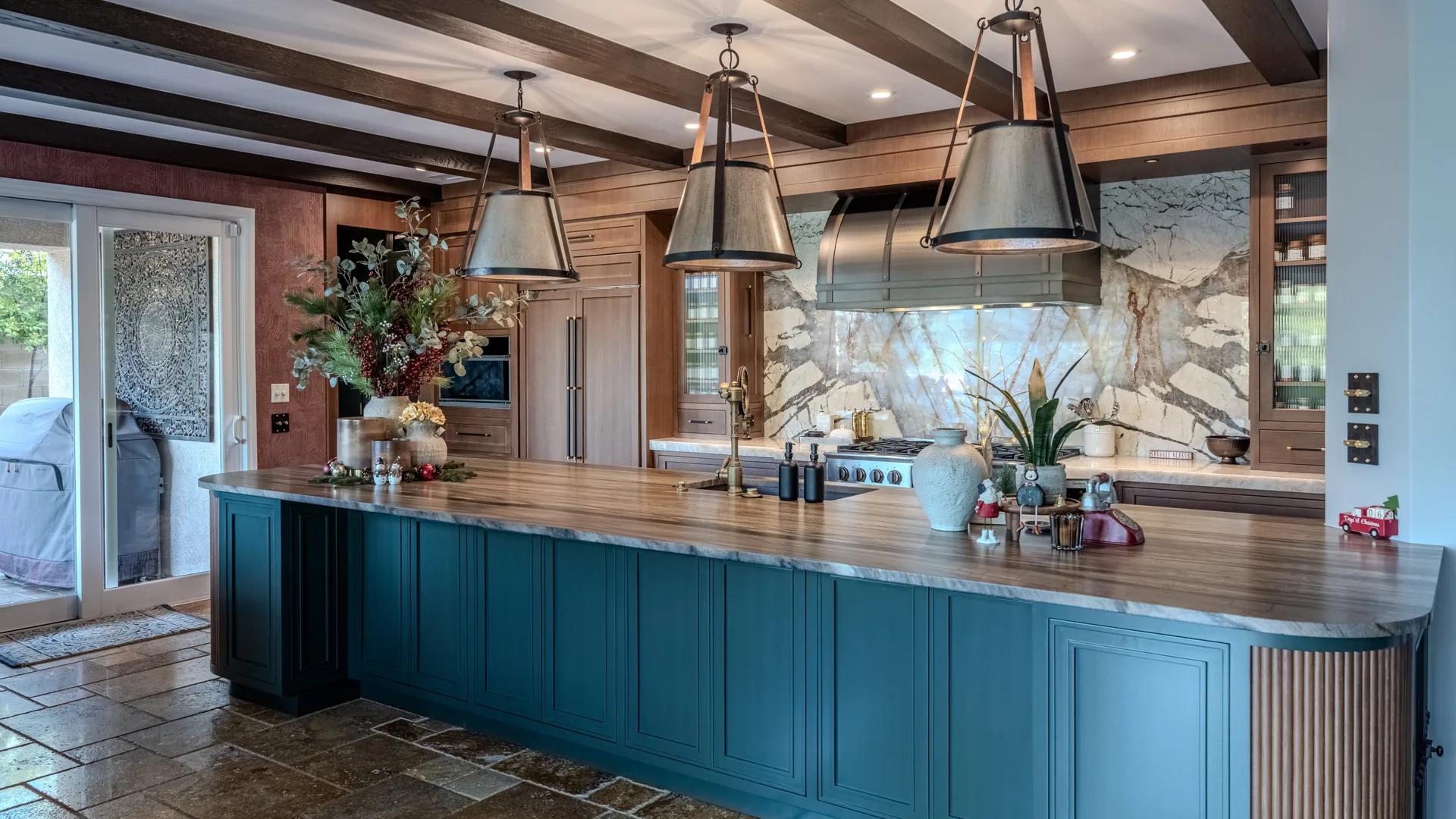 Finished Pacific Stone kitchen with a large island and coordinated surfaces