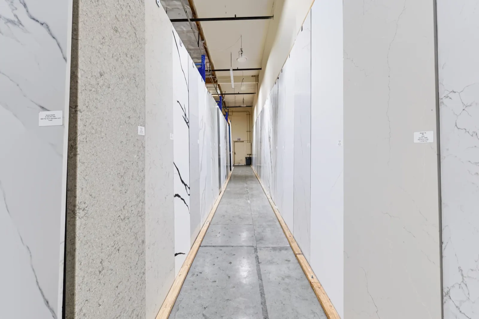 Manufactured countertop slab aisle in the San Clemente showroom