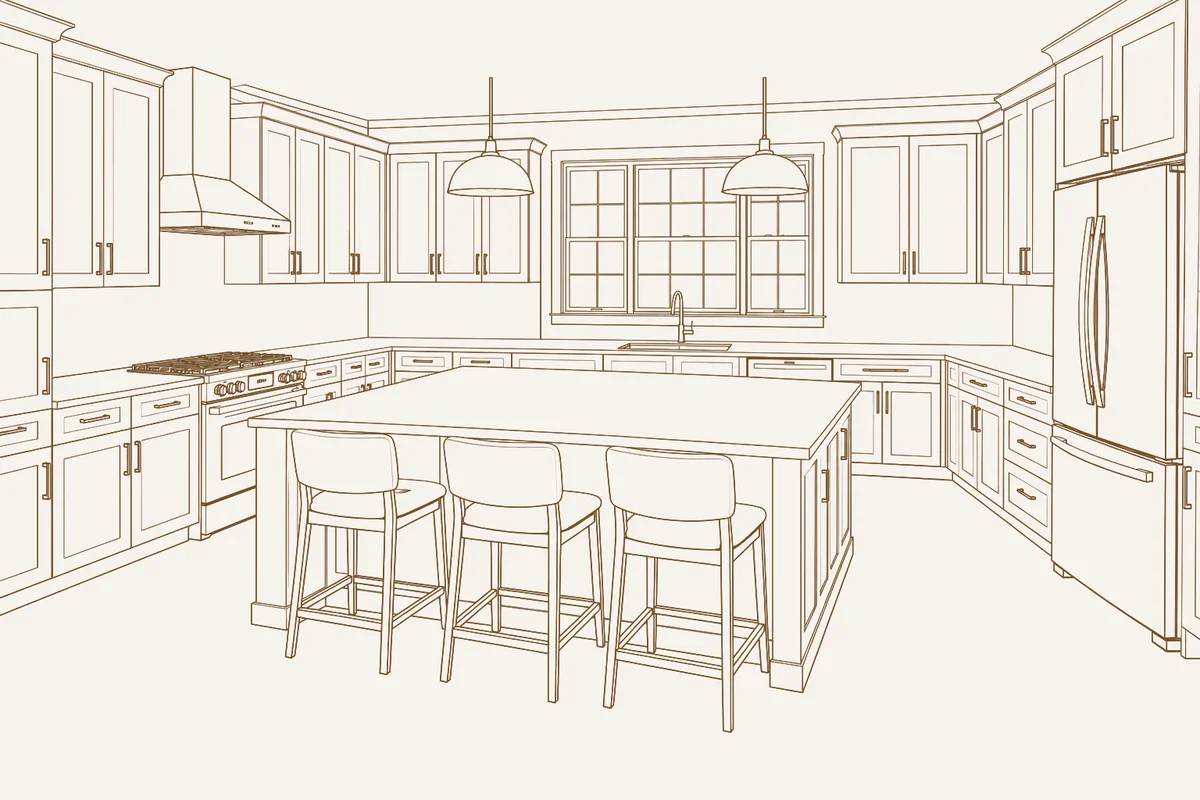 Example 15 by 15 foot kitchen layout with a large island